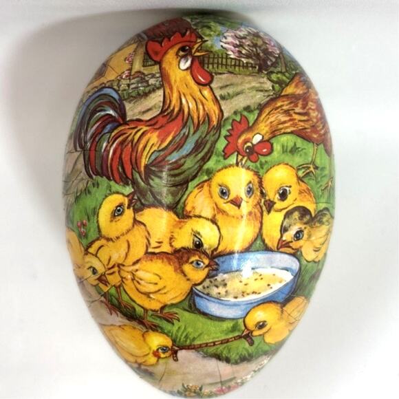 Germany Paper Mache Easter Egg Rooster Hen Chicks Easter Egg Vintage 4 1/2” - Picture 1 of 5